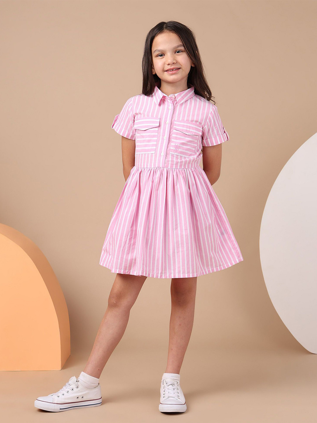 U.S. Polo Assn. Kids Girls Striped Pure Cotton Shirt Knee Length Dress