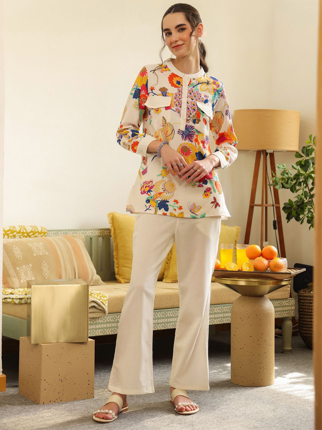 SANSKRUTIHOMES White Floral Printed Pure Cotton Oversized Co-ords Set