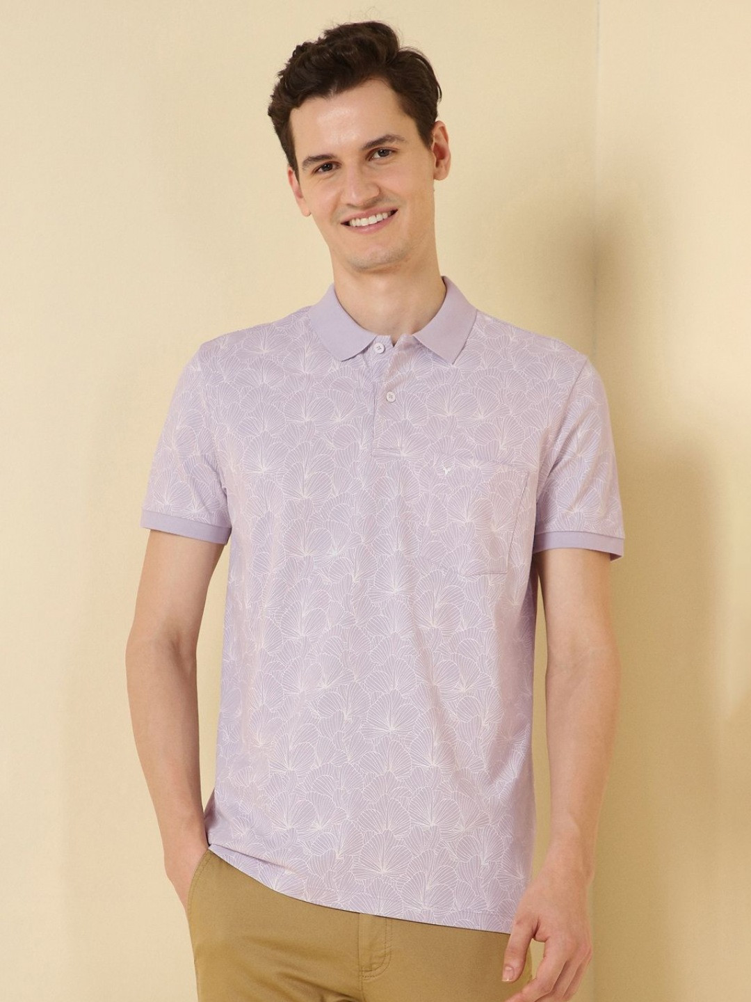 Allen Solly Floral Printed Polo Collar Short Sleeves Pockets Lilac T-Shirt