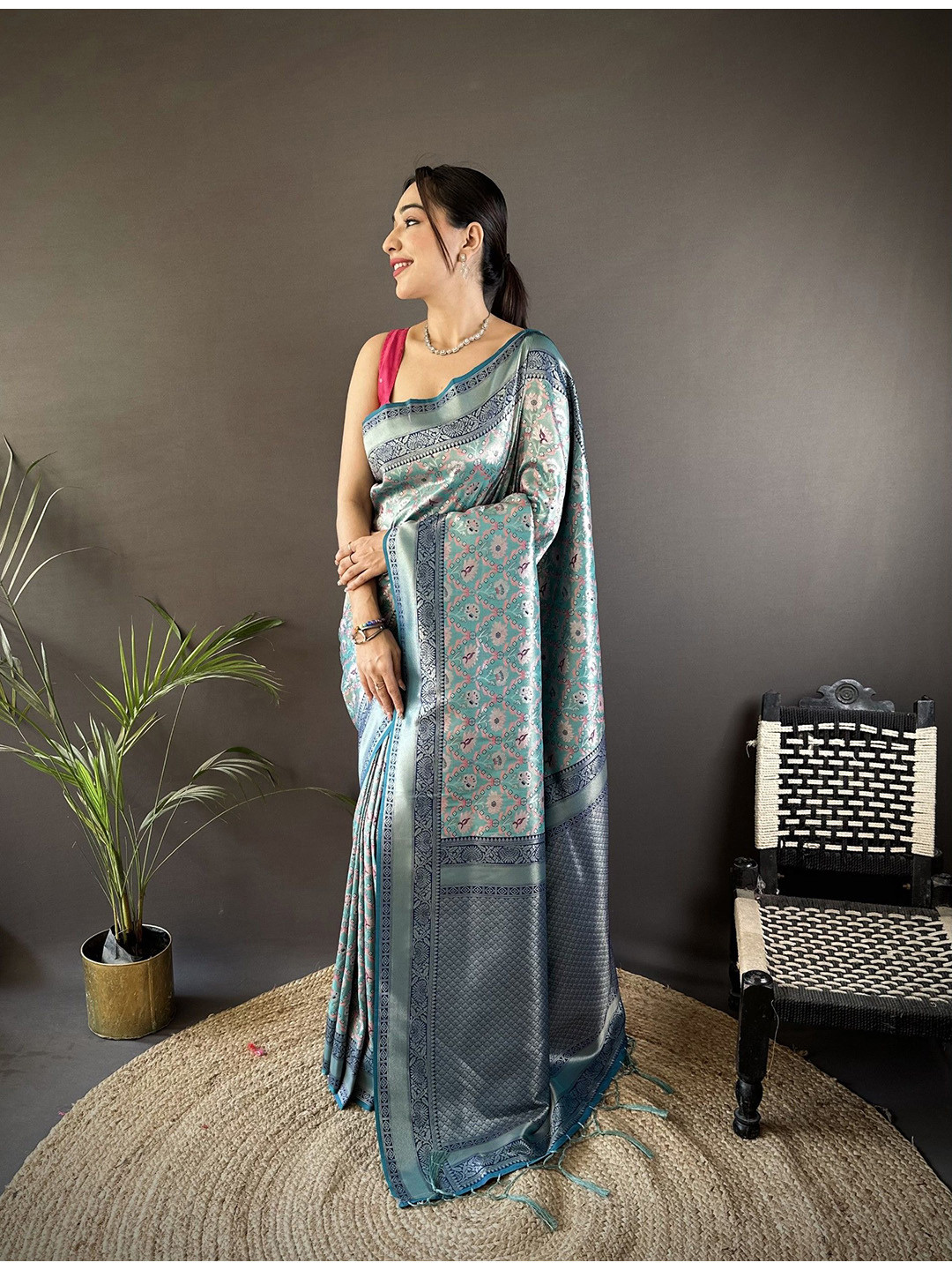 Panzora Women Banarasi Silk Zari Weaving Ikkat Style Saree With Unstitched Blouse Piece