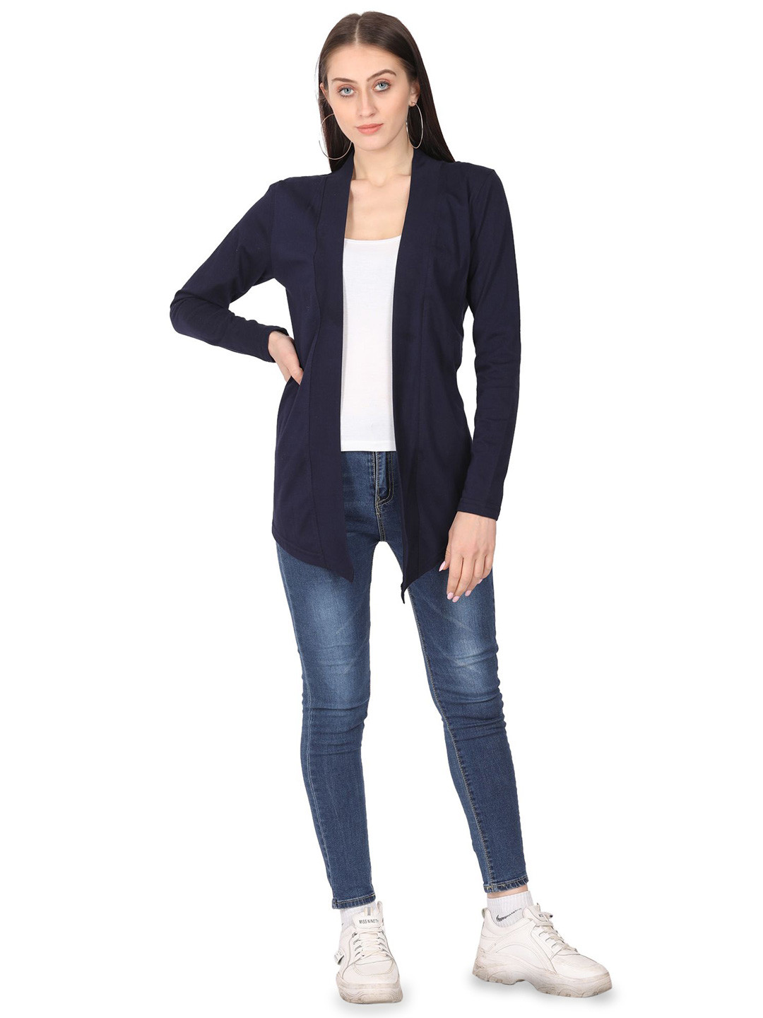 FARICON V-Neck Longline Open Front Cotton Shrug