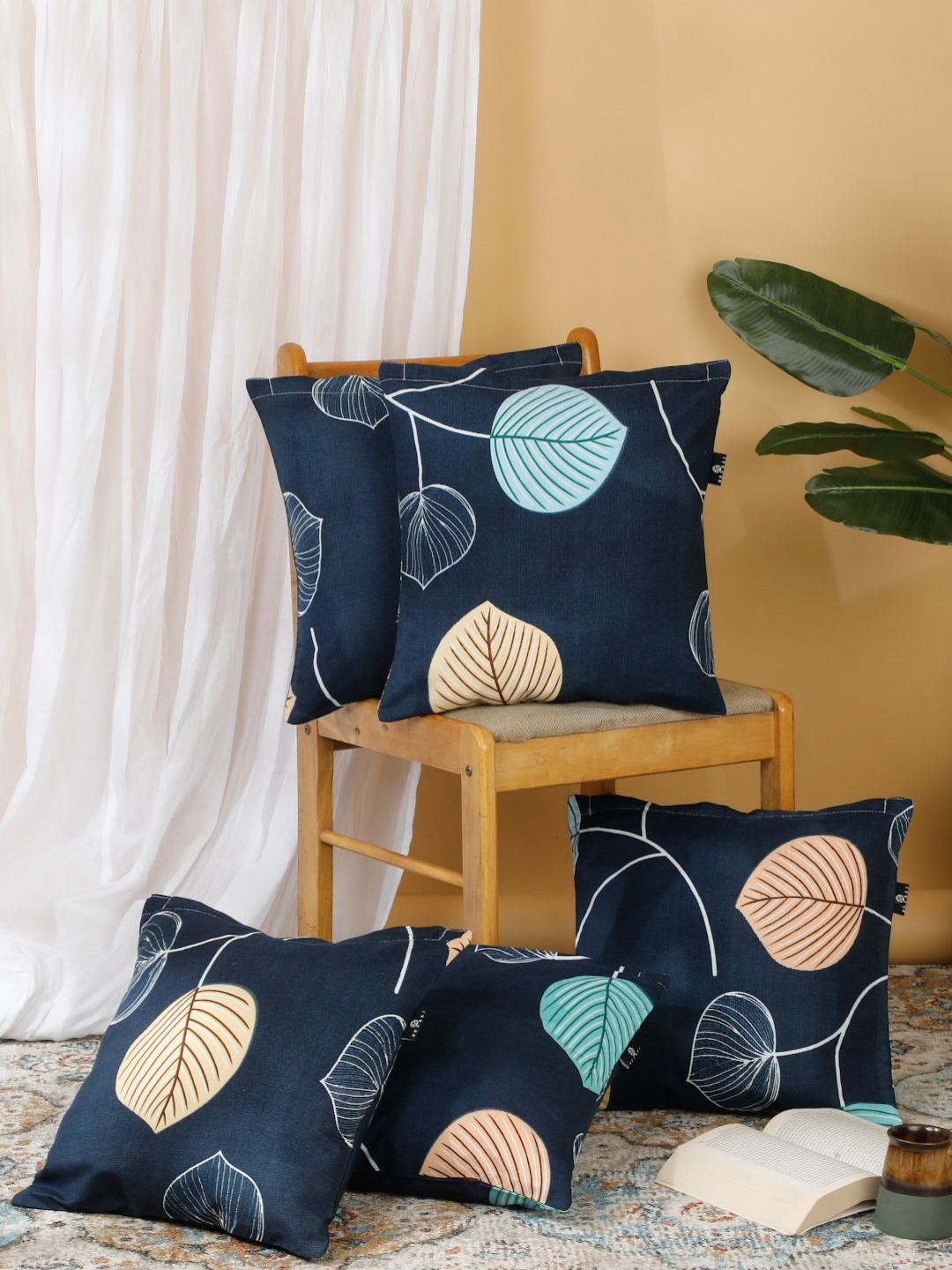Arrabi Blue & Cream 5 Pieces Leaf Printed Square Cushion Covers