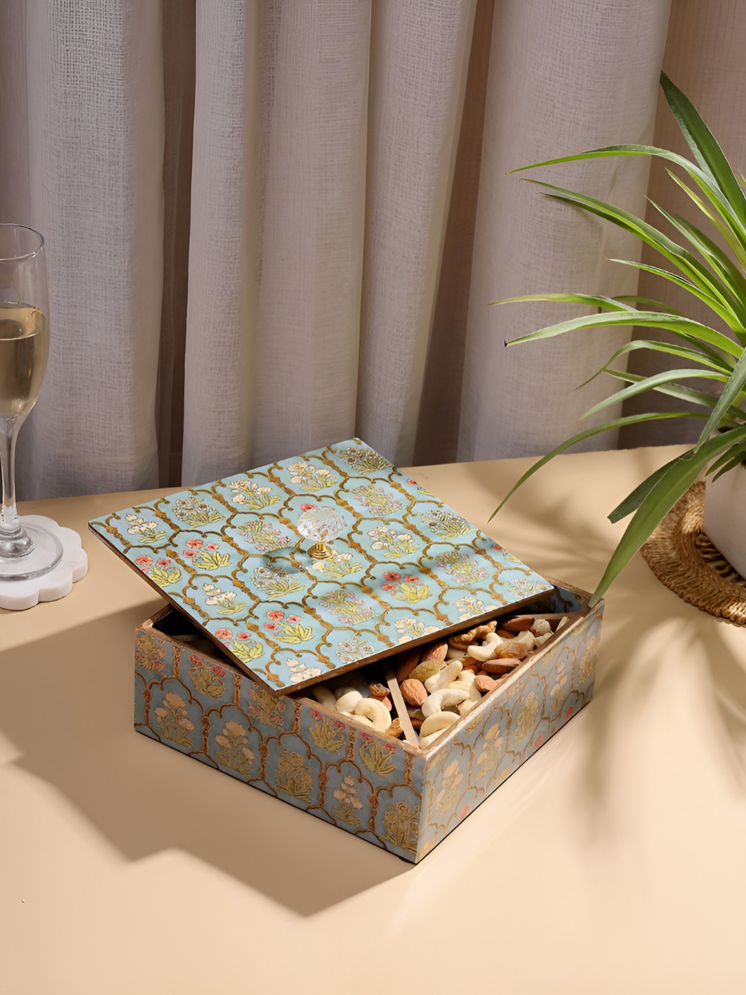 DULI Blue & Gold-Toned Printed Multi-Utility Enamel Coated Square Wooden Organizer