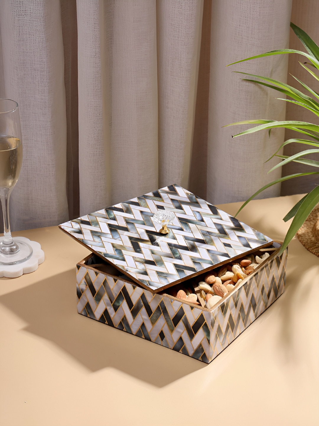 DULI Silver-Toned & Black Printed Multi-Utility Enamel Coated Square Wooden Organizer