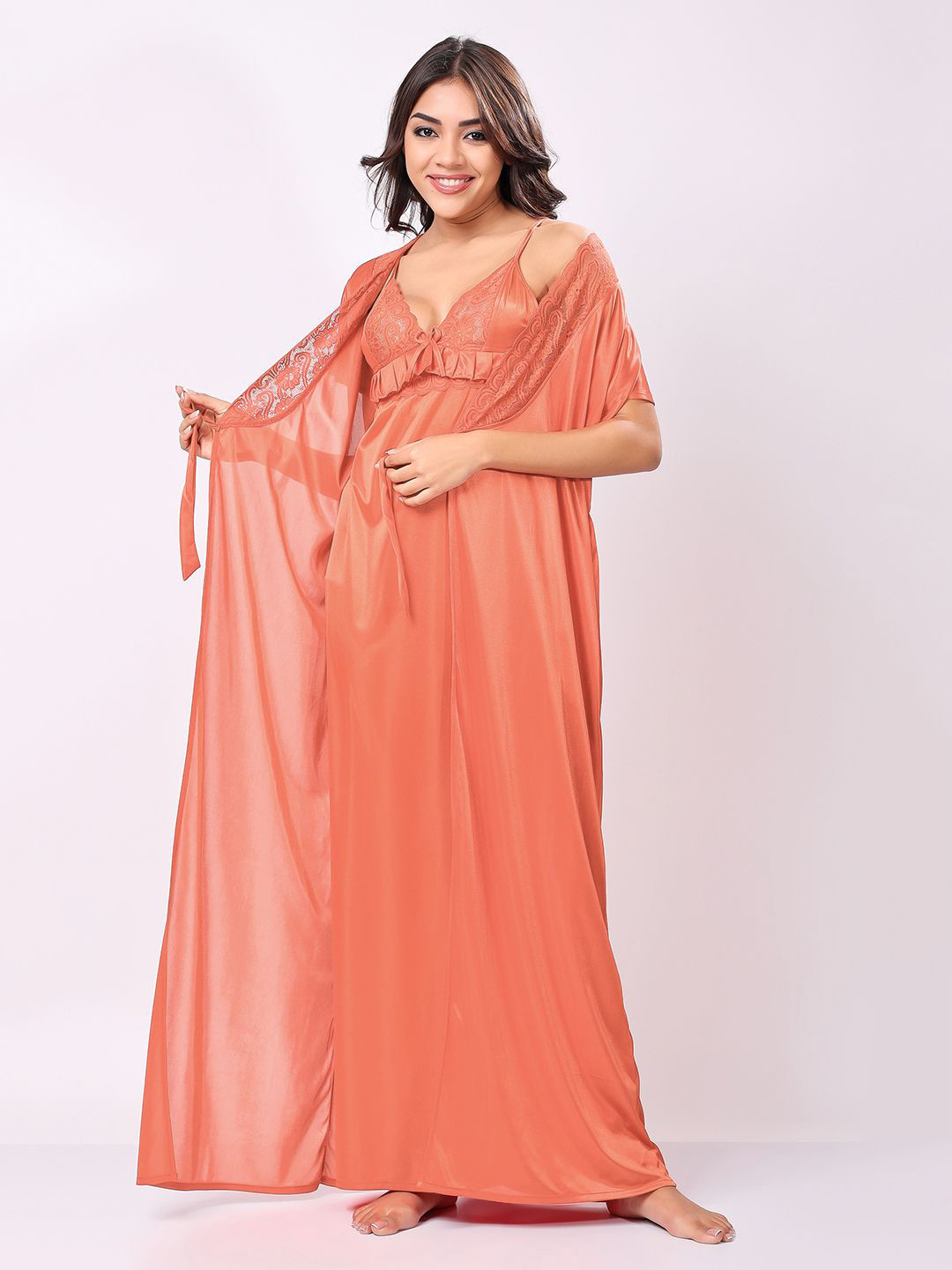 Night Keys Women Orange Soild Satin Night Dress With Robe