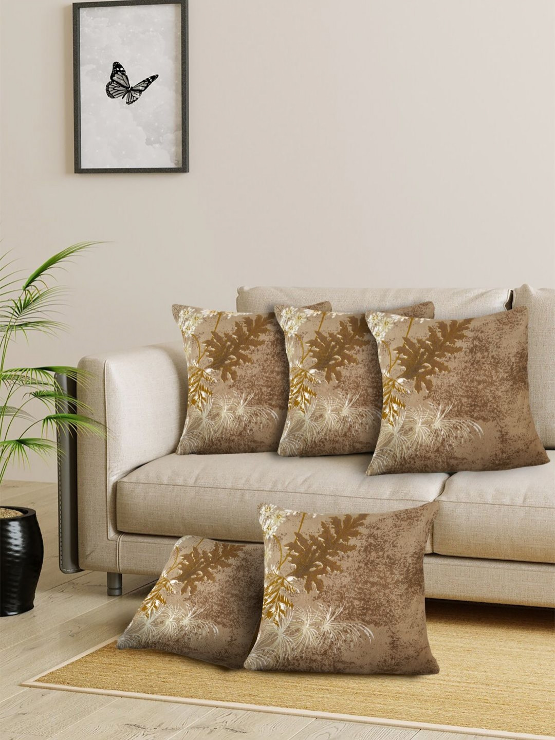 Arrabi Leaf Brown Abstract Polycotton Washable 5 Pcs Cushion Covers - 15.7 x 15.7 Inches