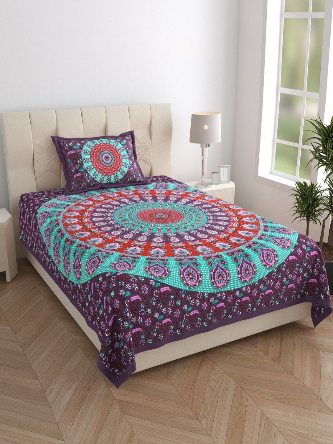 HOMELINE Jaipuri Purple Graphic Pure Cotton Breathable 144 TC Single Bedsheet with a Pillow Cover-72 x 48 inches