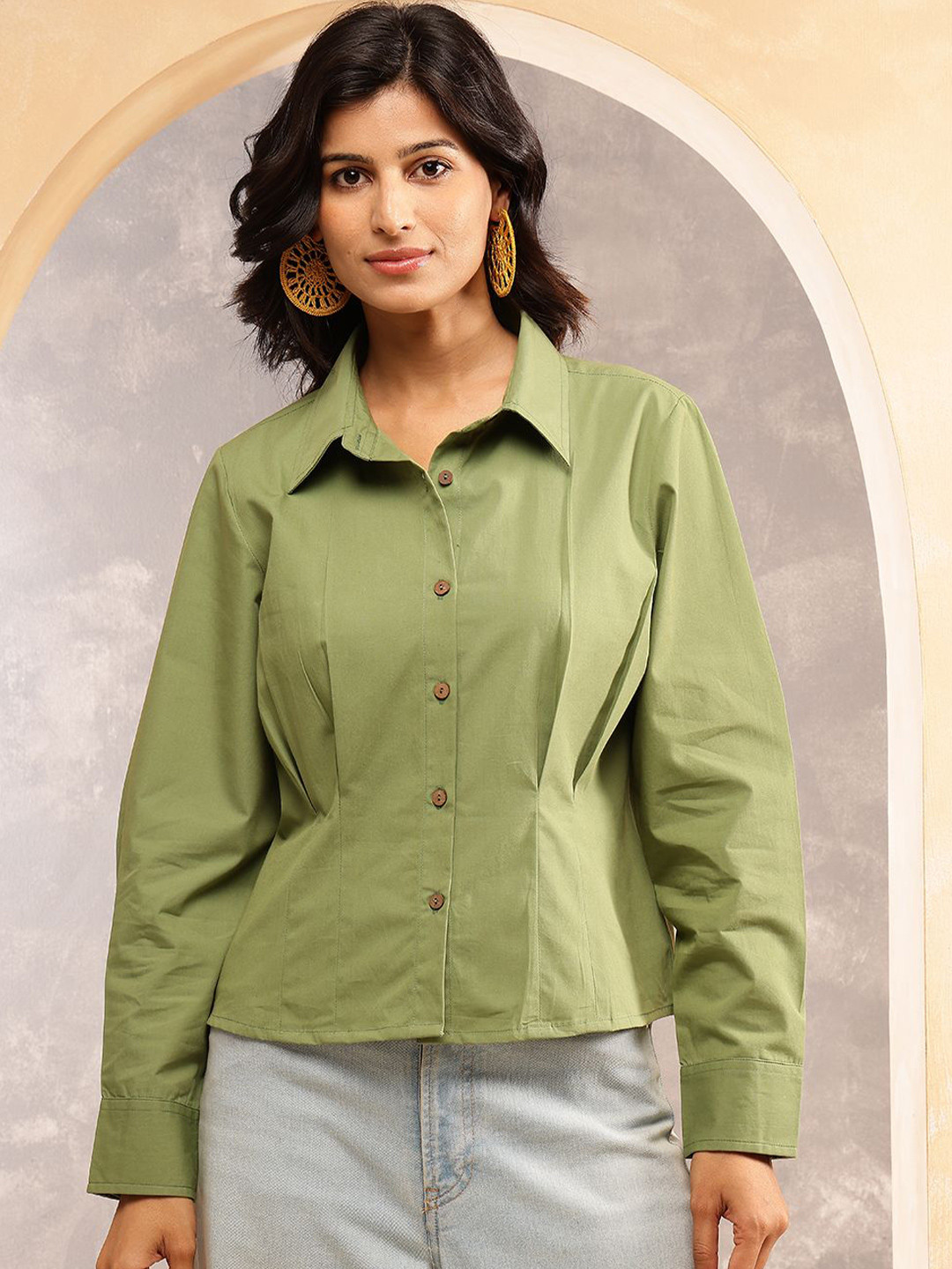 ARAVALII Women Solid Shirt Collar Shirt Style Top