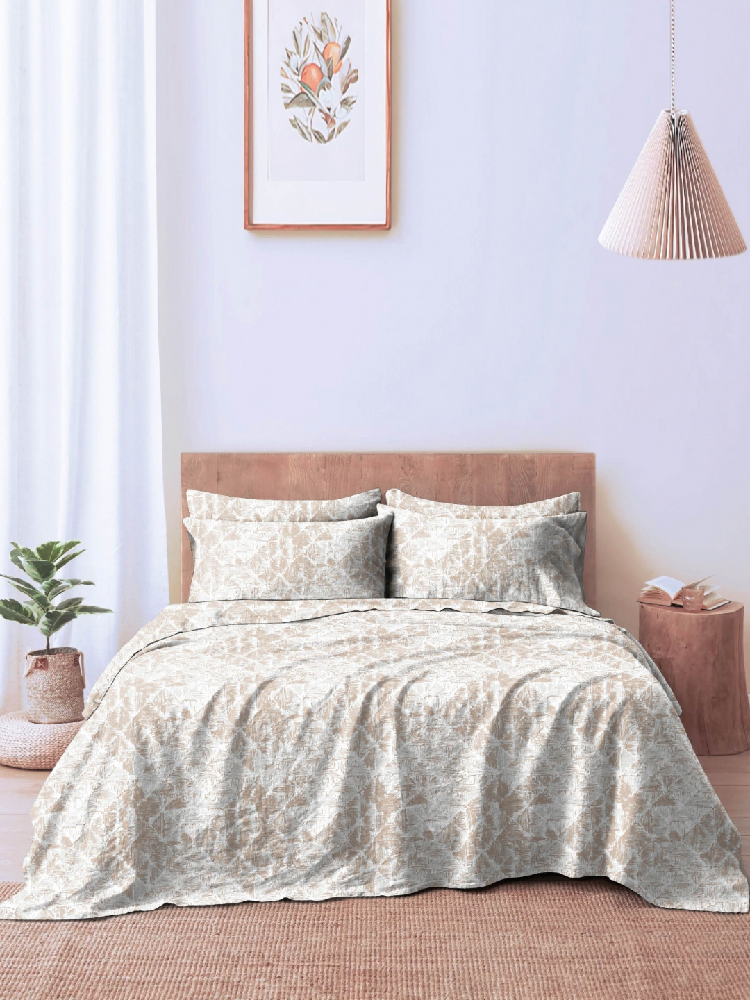 Aura Cream-Coloured & Beige Printed 230 TC Microfiber King Bedsheet Set 1.04 m x 90 cm