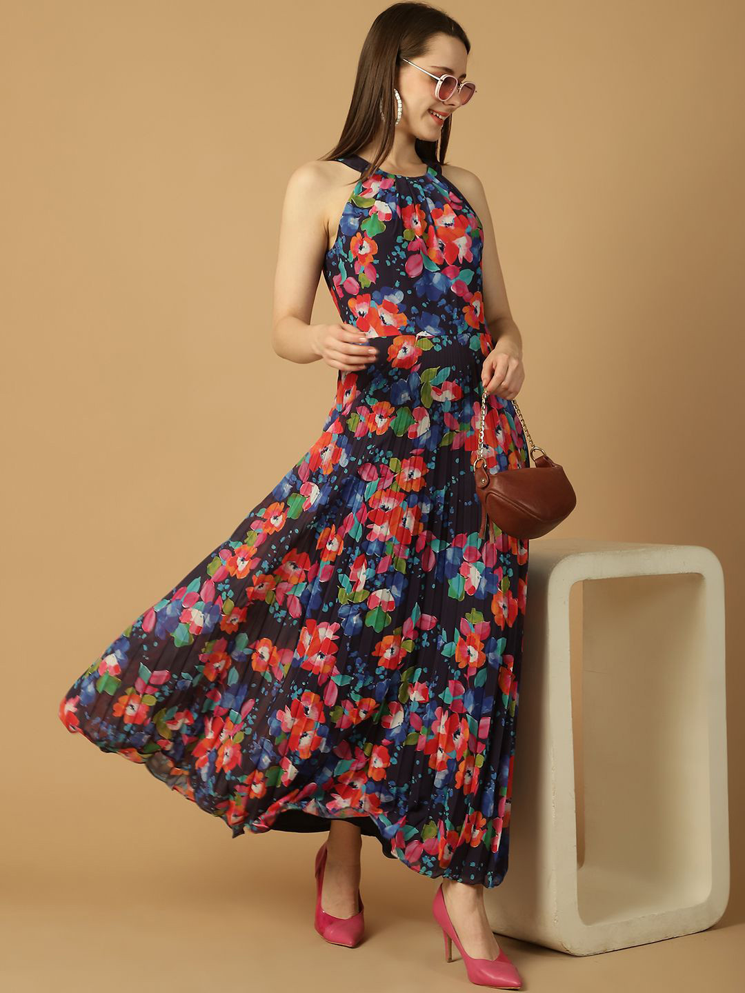 250 DESIGNS Women Self Design Print Halter Neck Georgette Maxi Dress