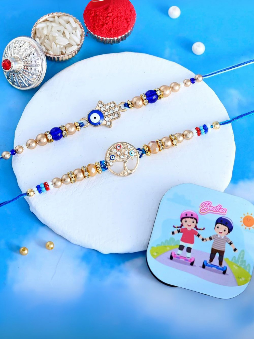 CraftVatika Set Of 2 Brother Bhai Bhaiya Evil Eye Rakhi Gift Set with Fridge Magnet