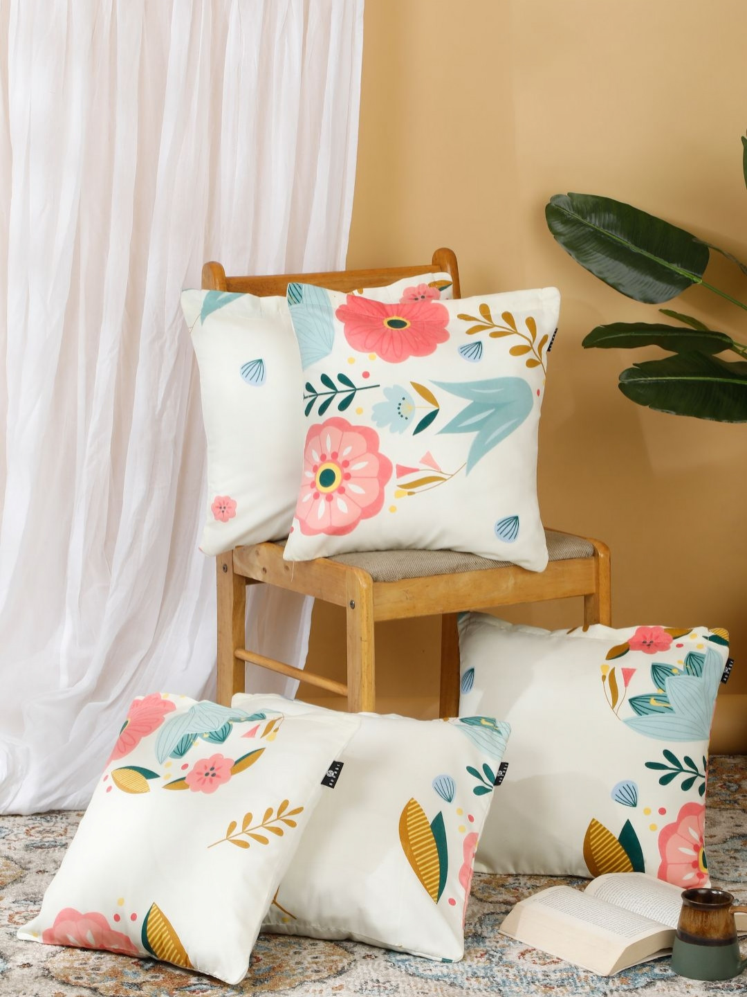 Arrabi White Floral Cotton Blend Washable 5 Piece Square Cushion Covers -16x16In