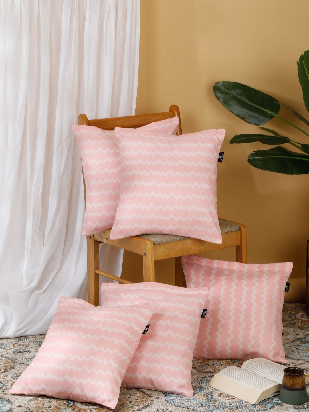 Arrabi Striped Pink Chevron Cotton Blend Breathable 5 Piece Square Cushion Covers -16x16In