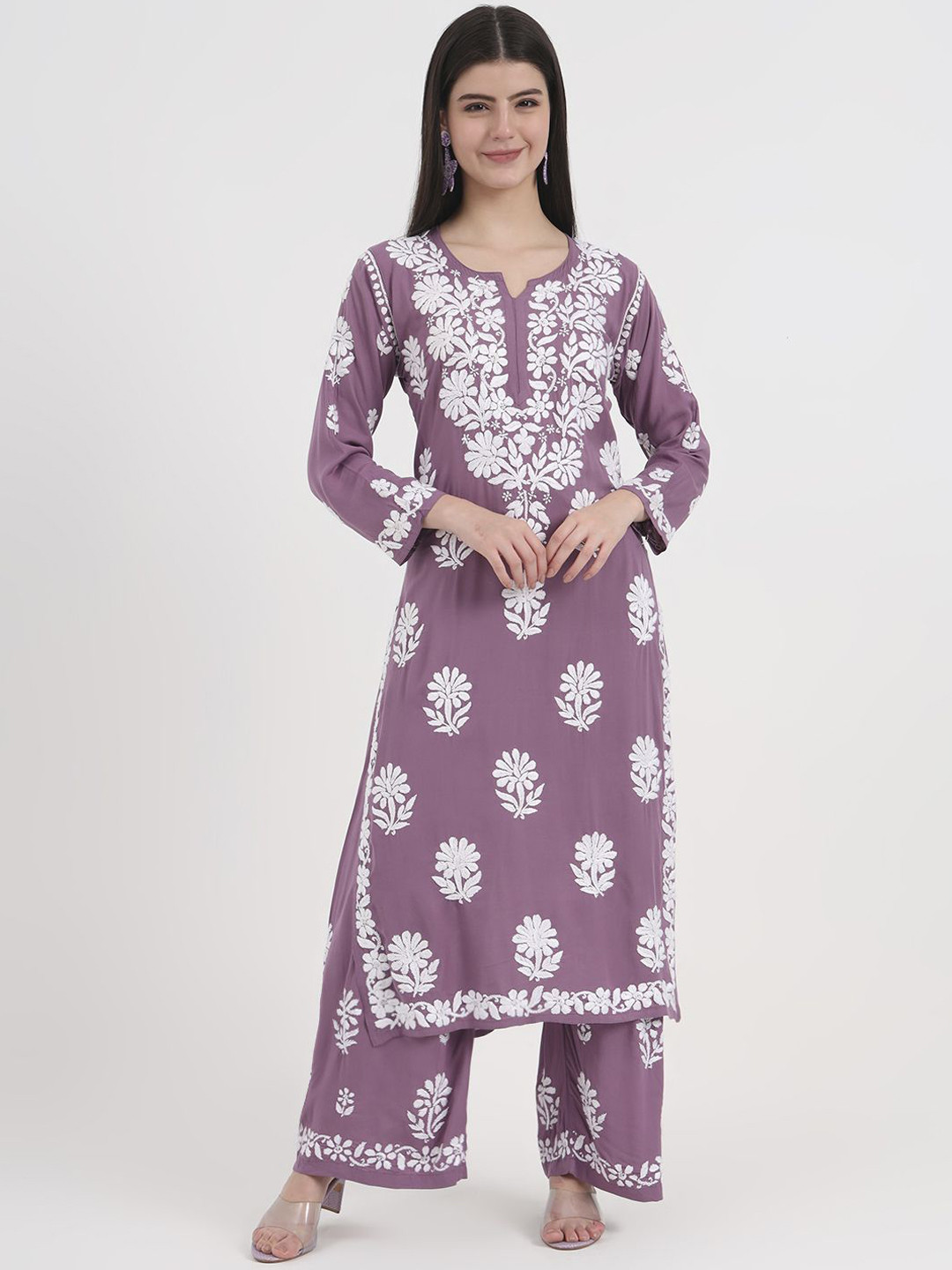 The Chikan Label Women Mauve Tazmeen Modal Chikankari Kurti Palazzo Set