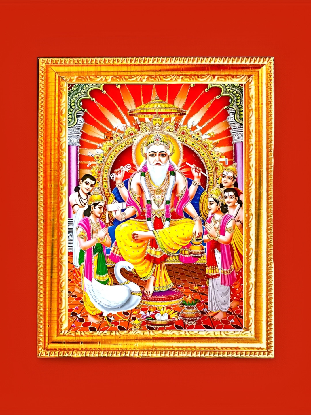 SUNINOW Gold Toned & Red Lord Vishwakarma Printed Photo Frame