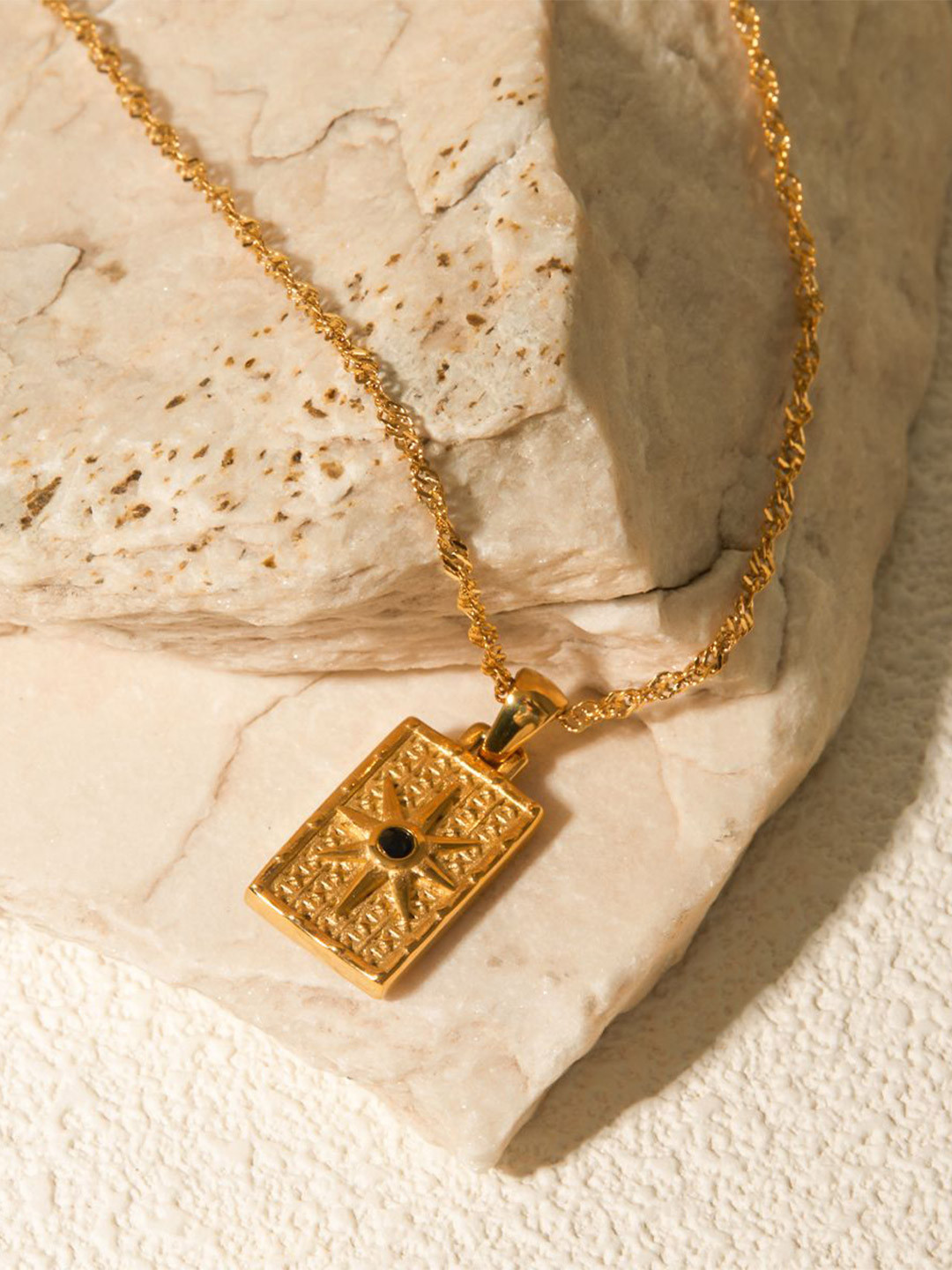 Aiza 18KT Gold Plated Rectangular Sun Rays Pendant with chain