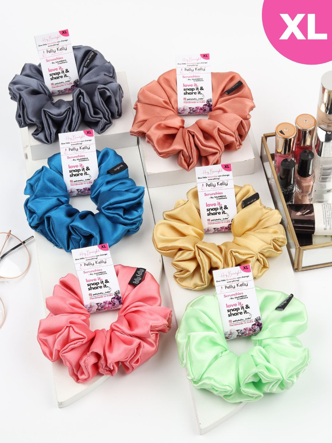 Pelly Kelly Women Set of 6 Satin Scrunchies Hair Accessory