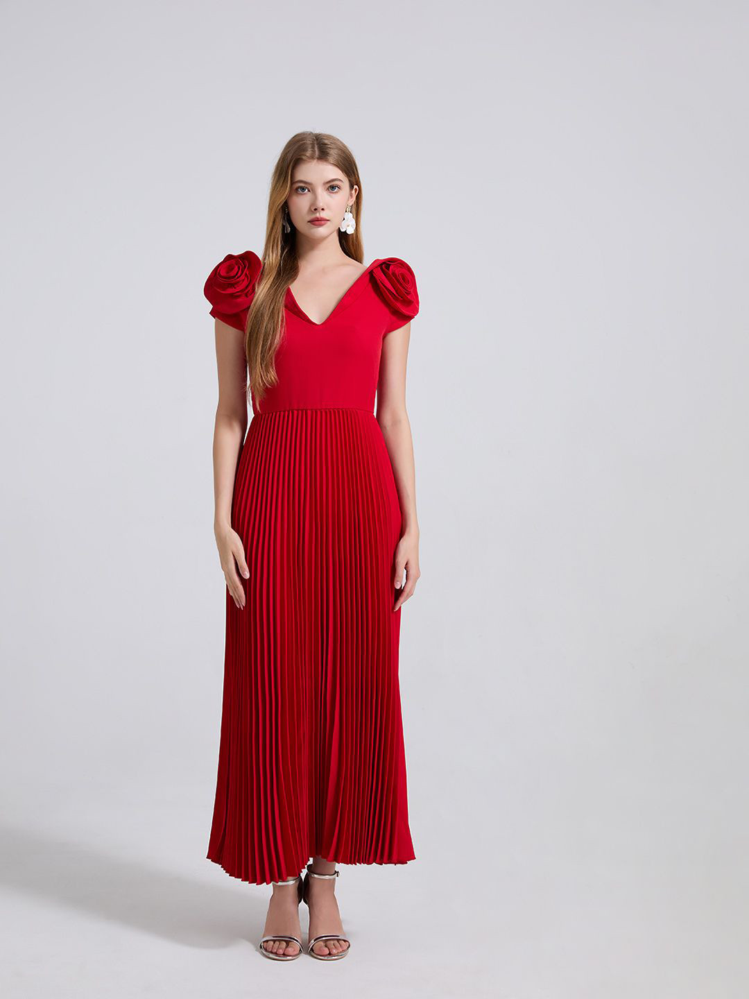 JC Collection Women V-Neck Accordion Pleats Applique Maxi Dress