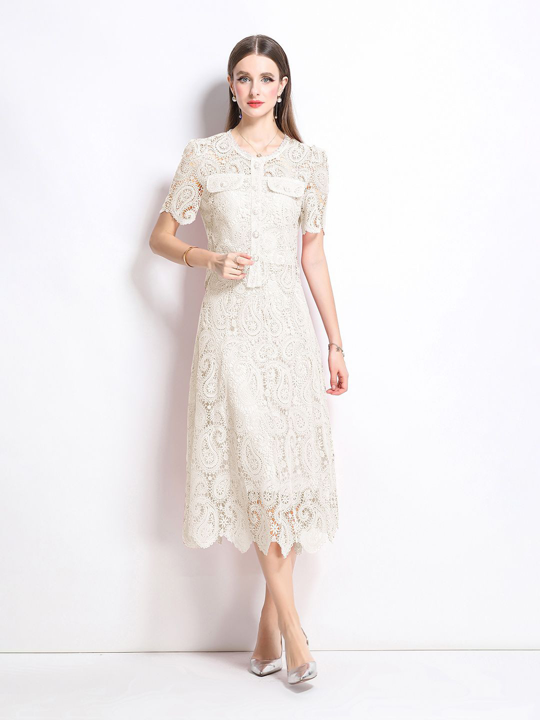 JC Collection Paisley Lace Self Design Round Neck Top With Skirt Co-Ords