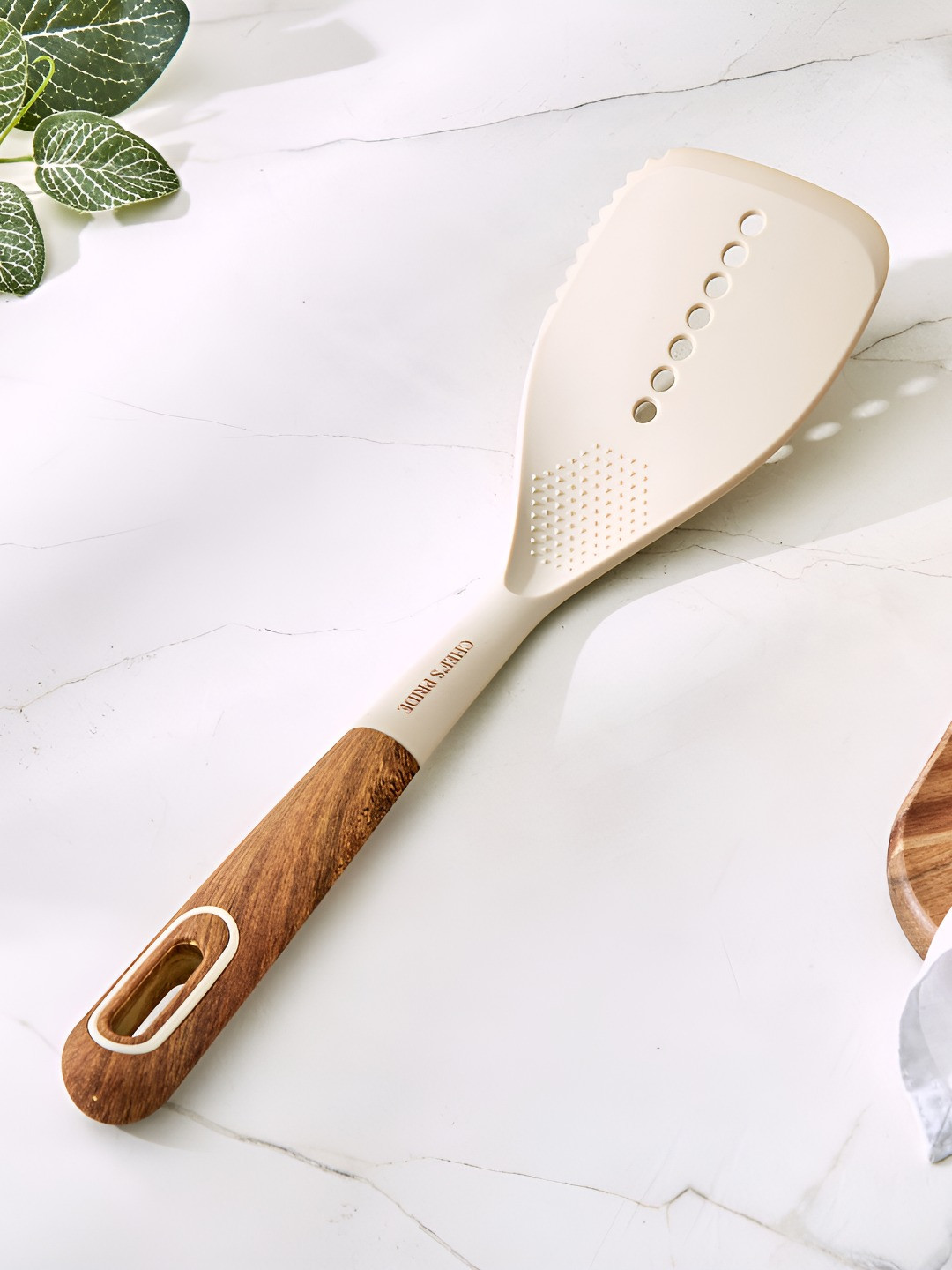Home Centre Chef's Pride Cream-Colored & Brown Cerro Slotted Turner With Wooden Handle