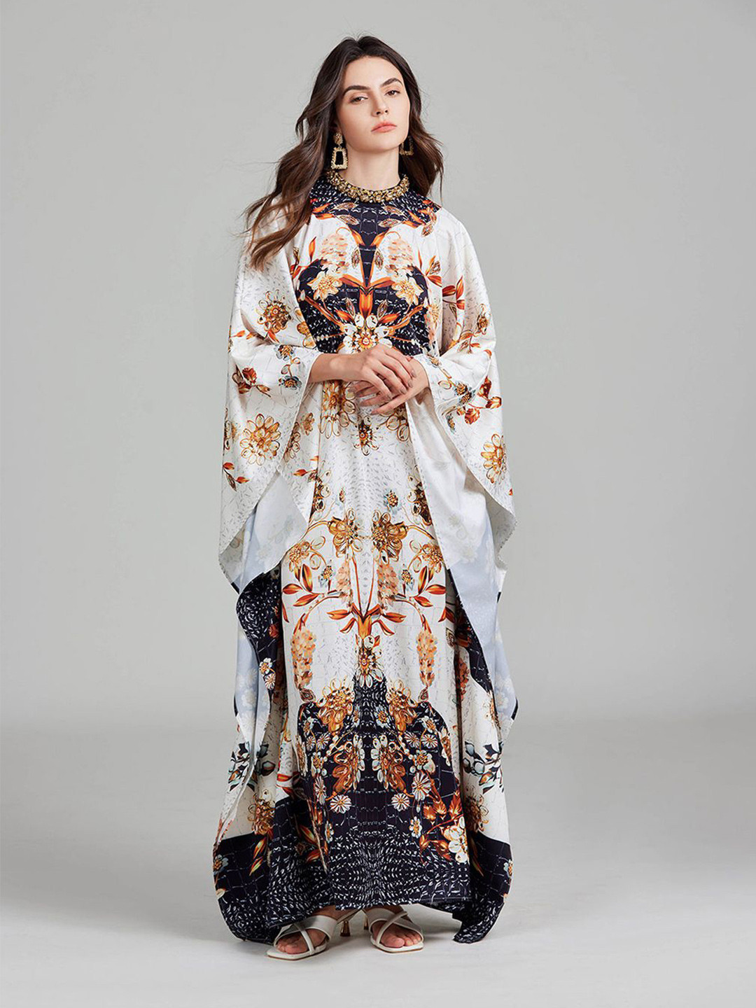 JC Collection Floral PrintedTie-Up Neck Flared Sleeve Maxi Dress