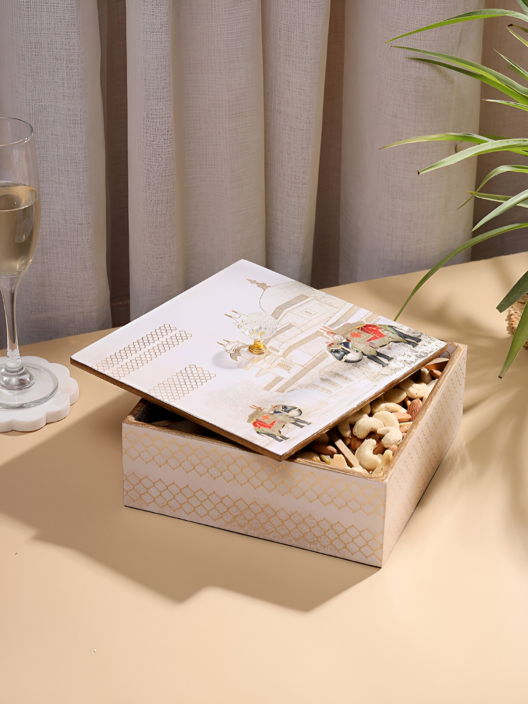 DULI White & Beige Printed Multi-Utility Enamel Coated Square Wooden Organizer