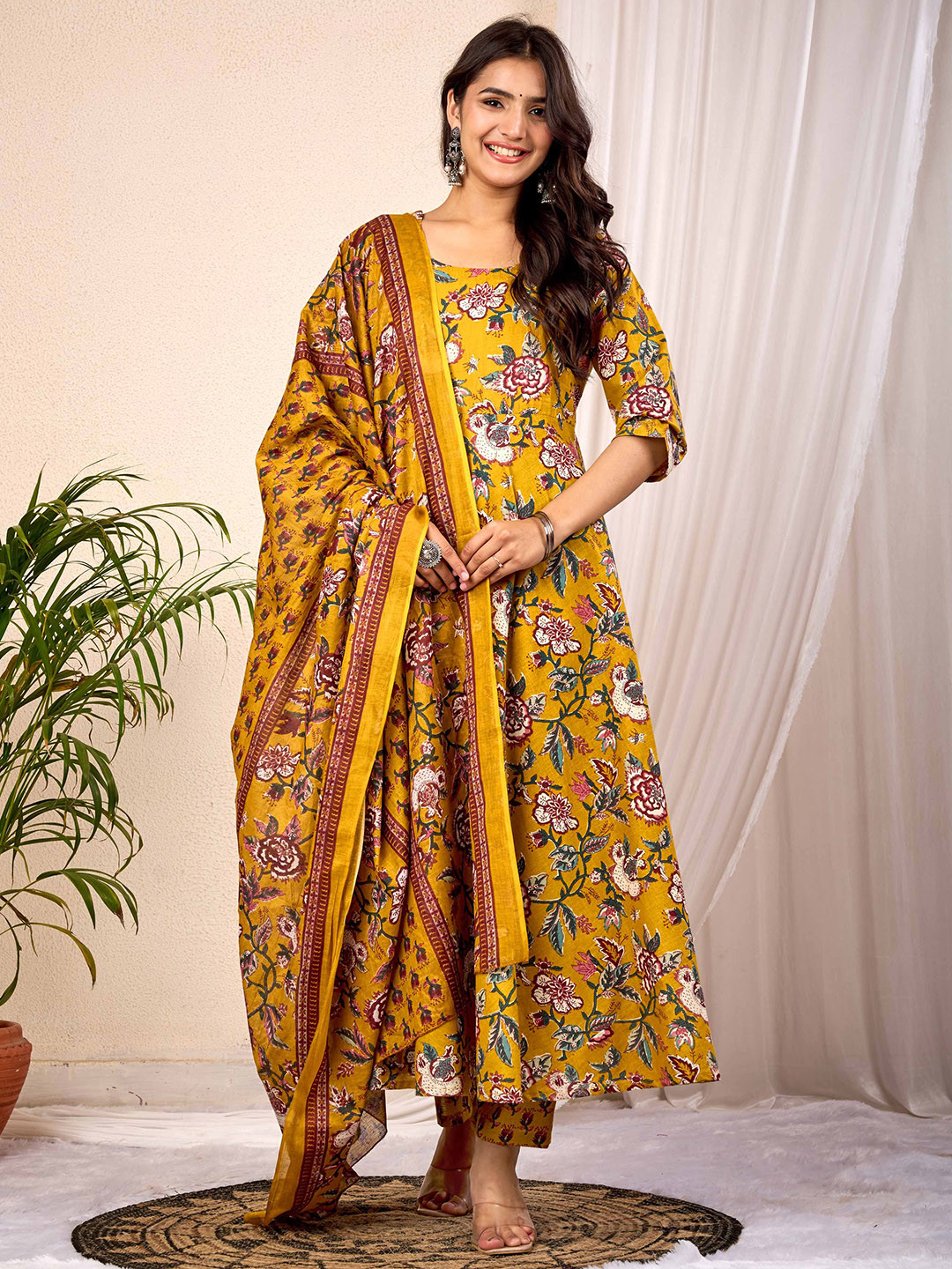 NAMA'S Women Floral Printed Anarkali Pure Cotton Kurta with Trousers & Dupatta