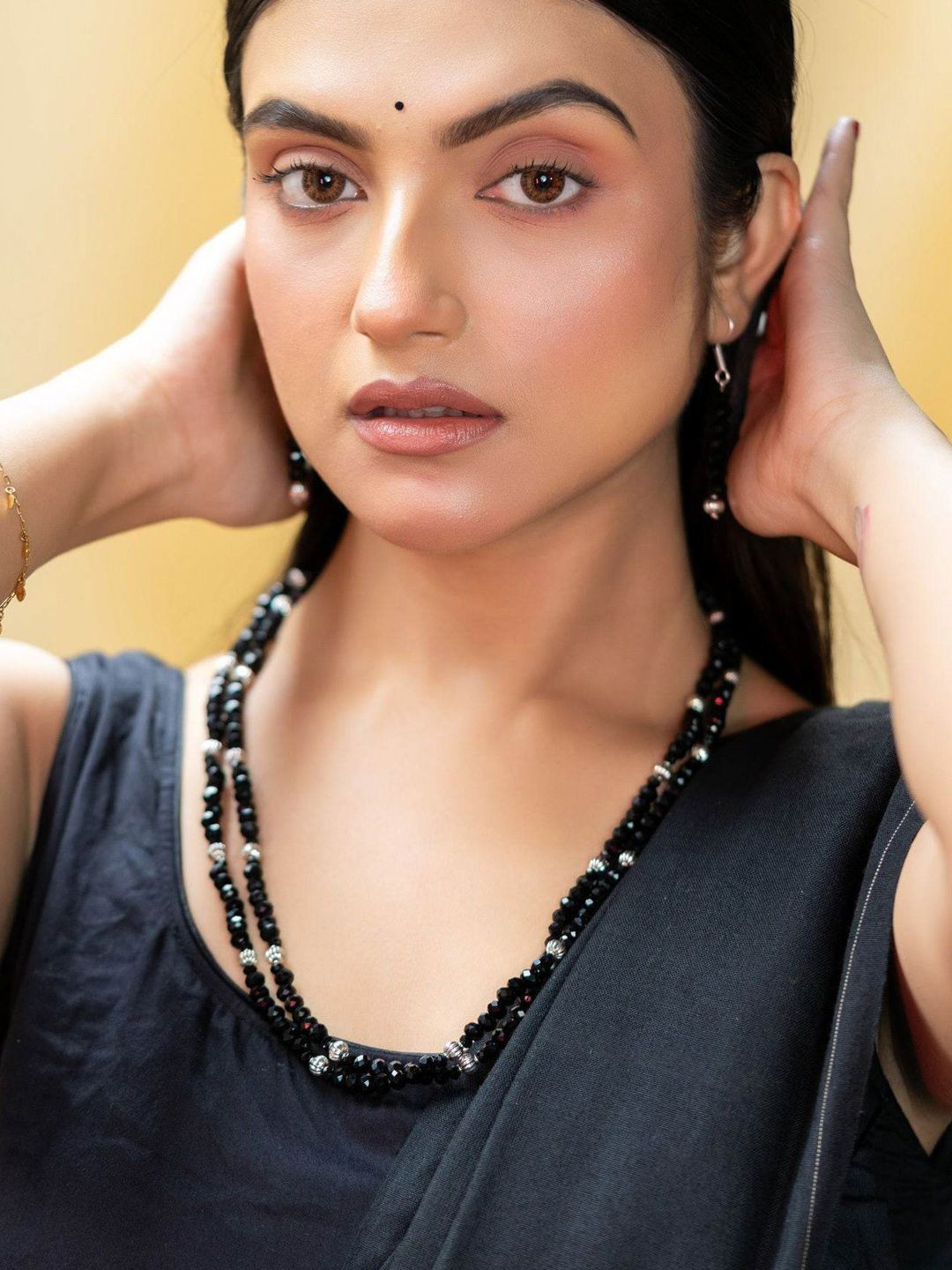 Look and Adorn 2 Layer Black Crystal Necklace Set with Earrings