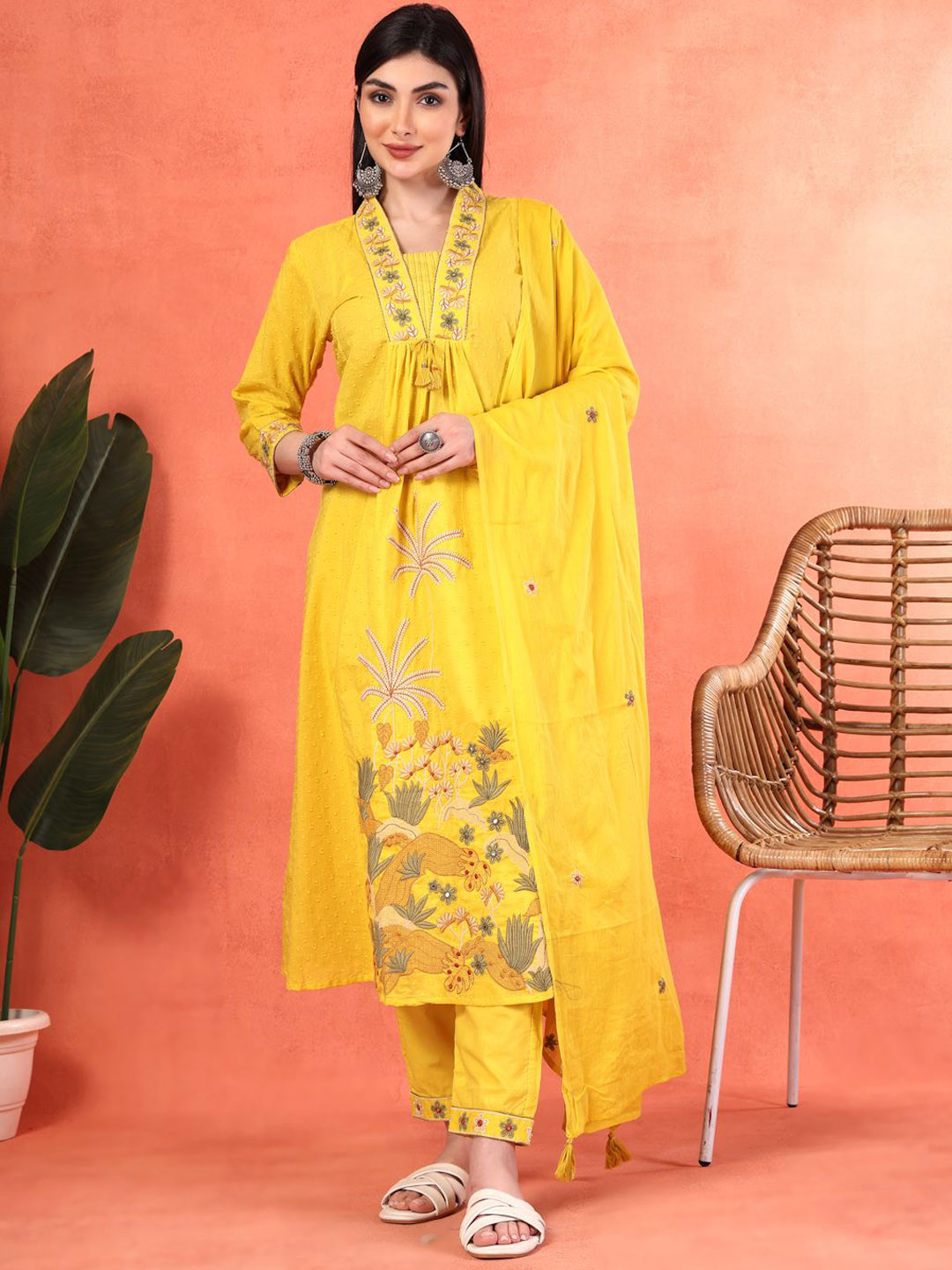 Shangri LA MS Designs Floral Embroidered Thread Work Cotton Kurta With Trouser & Dupatta
