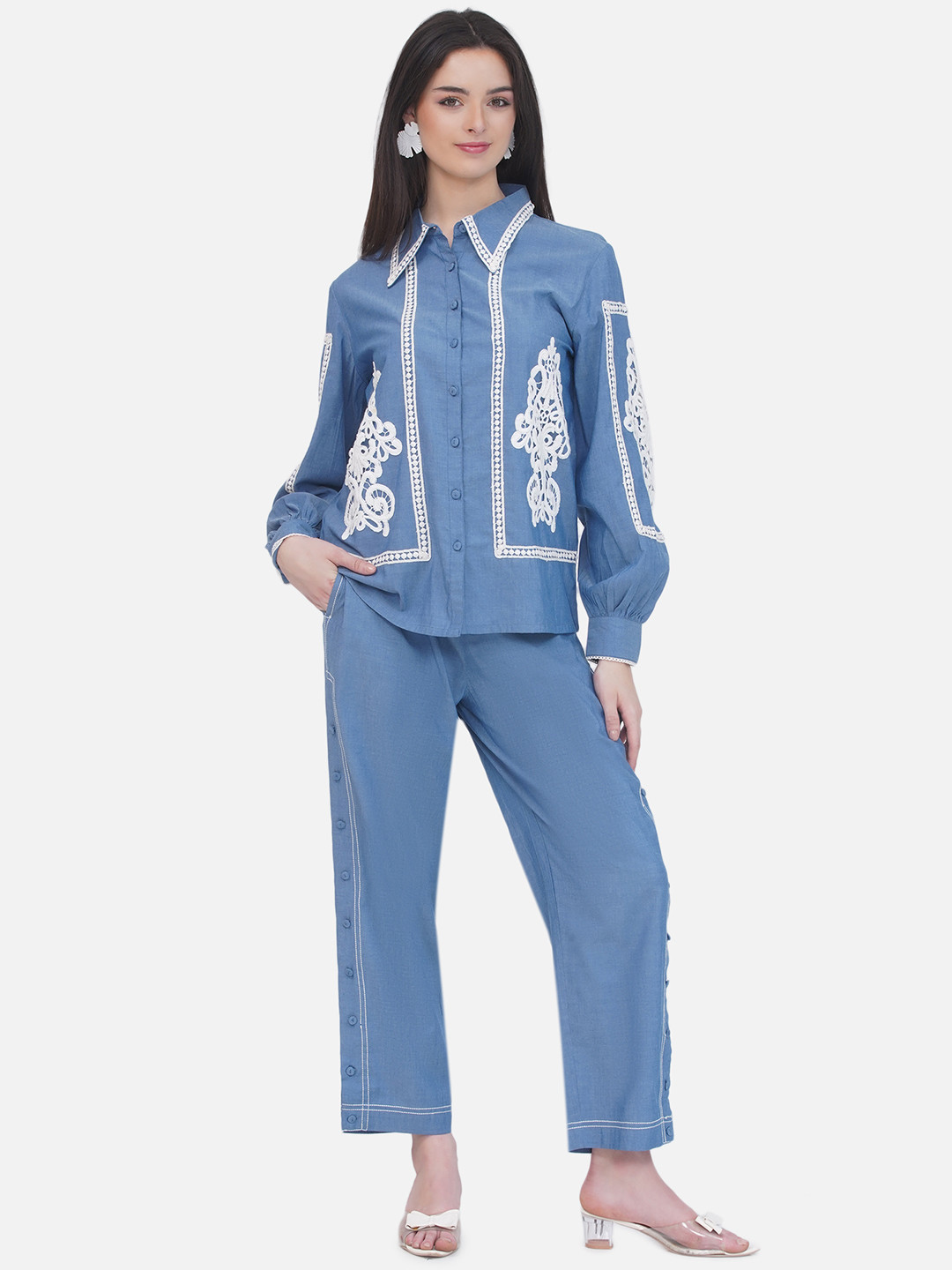 bellamiabellamia Denim Lace Embroidered Shirt With Trouser Co-Ords
