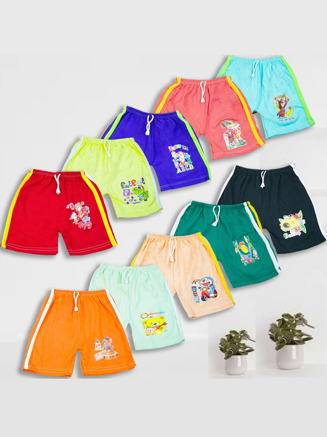 MINIMAMA Unisex Kids Pack Of 10 Graphic Printed Mid-Rise Shorts