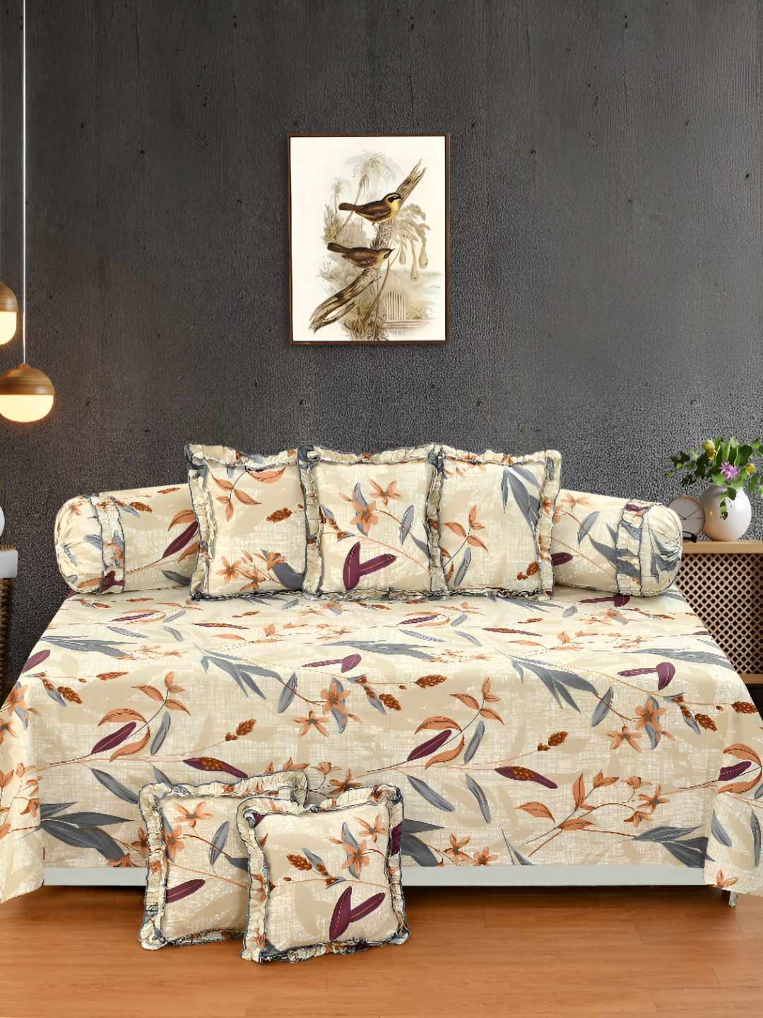 Luxmi Cotton Fabrics 8Pcs Beige & Brown Floral Printed Diwan Set