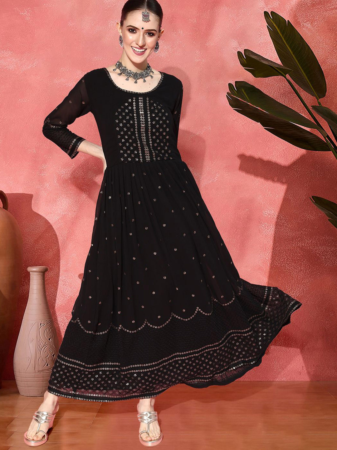 Sangria Sequins Work & Embroidery Maxi Ethnic Dress