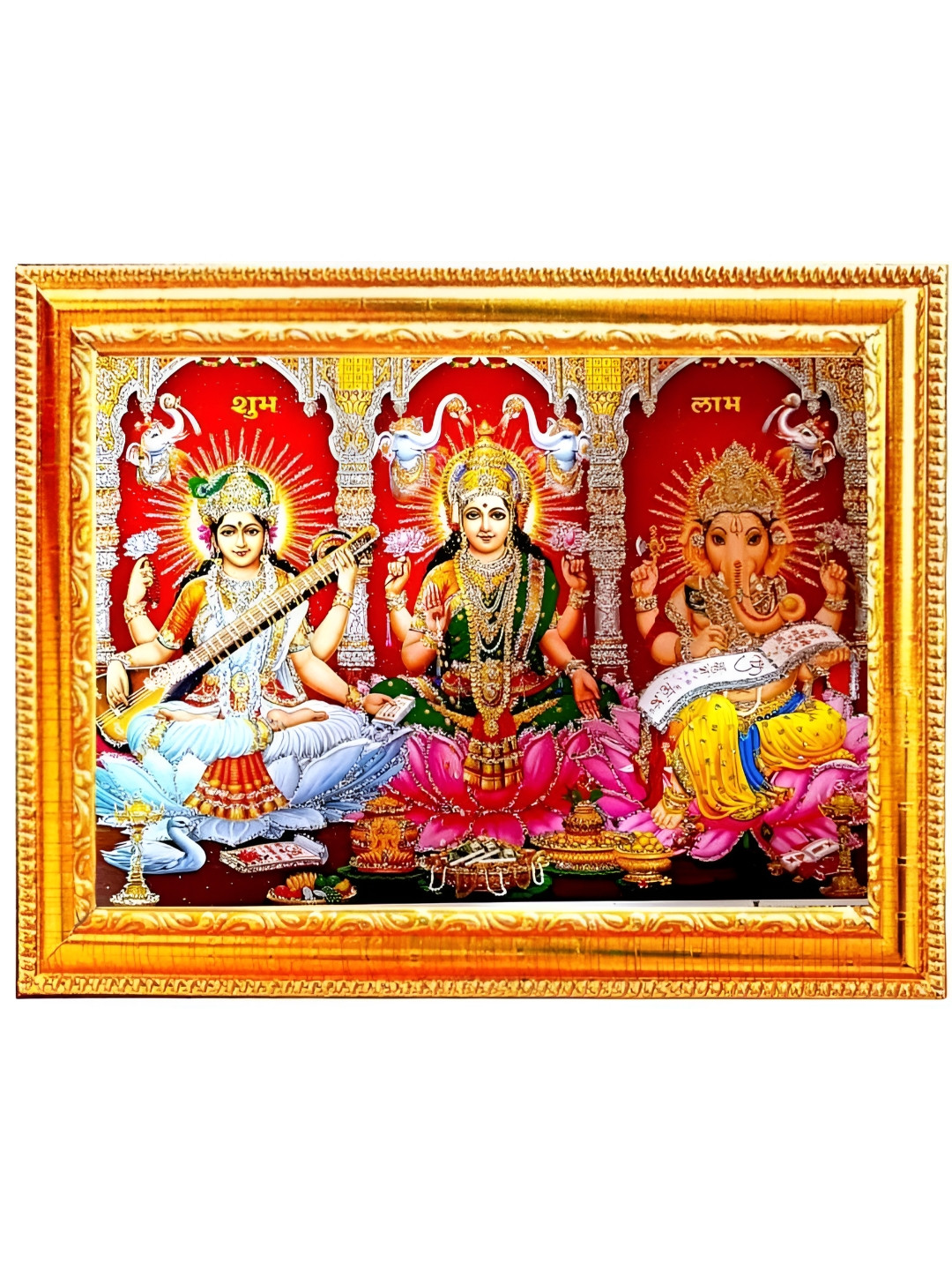SUNINOW Gold Toned & Red Laxmi Ganesh Saraswati Printed Photo Frame