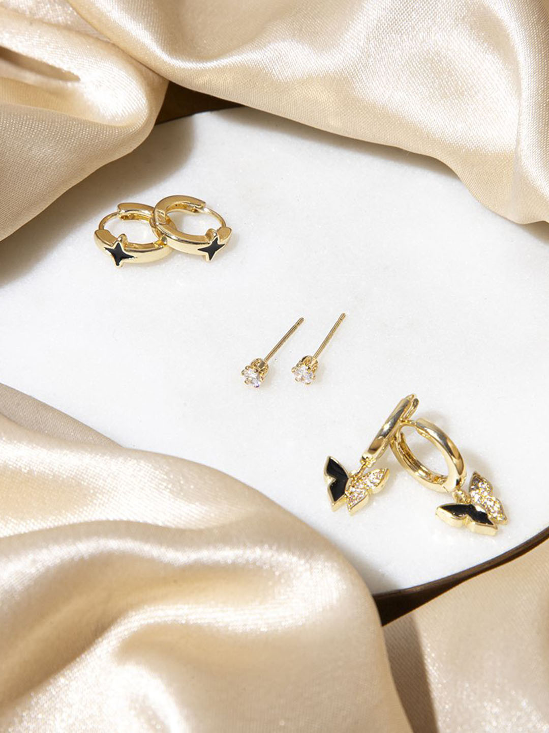 Maasha Set Of 3 Cubic Zirconia Stone Studded Hoop & Stud Earrings