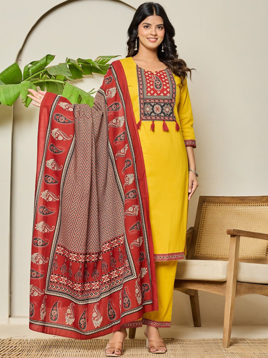 SHRIZA Floral Yoke Design Pure Cotton Straight Kurta With Trousers & Dupatta