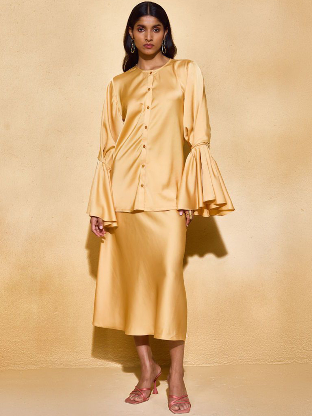 ECHO STUDIO Satin Round Neck Top With Skirt Co-Ords