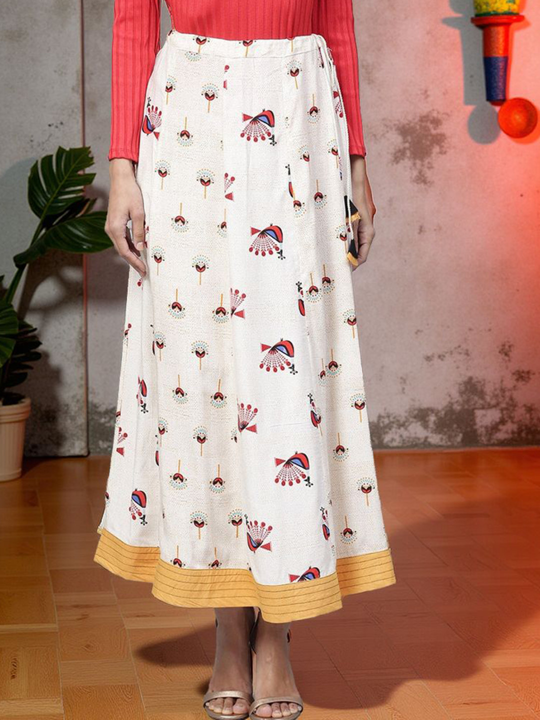 Pannkh Peacock Inspired Printed Flared Maxi Skirt