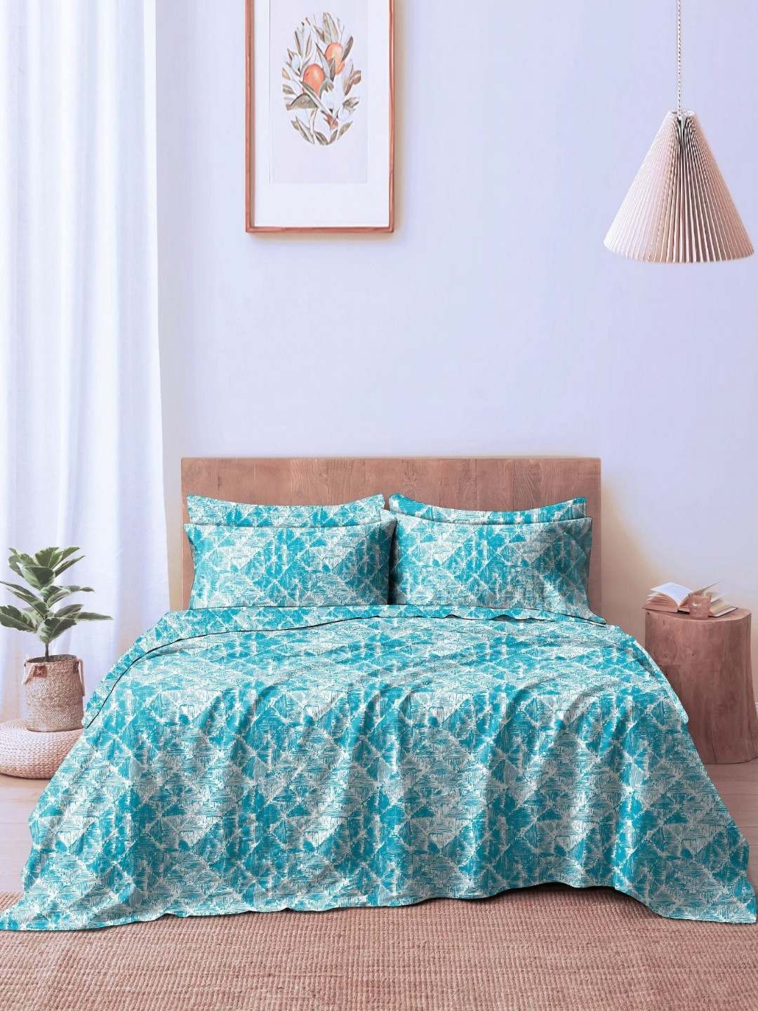 Aura Blue & White Printed 230 TC Microfiber King Bedsheet Set 1.04 m x 90 cm