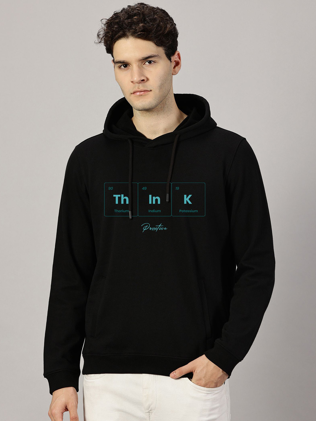 LEON Men Think Positive Printed Hooded Sweatshirt