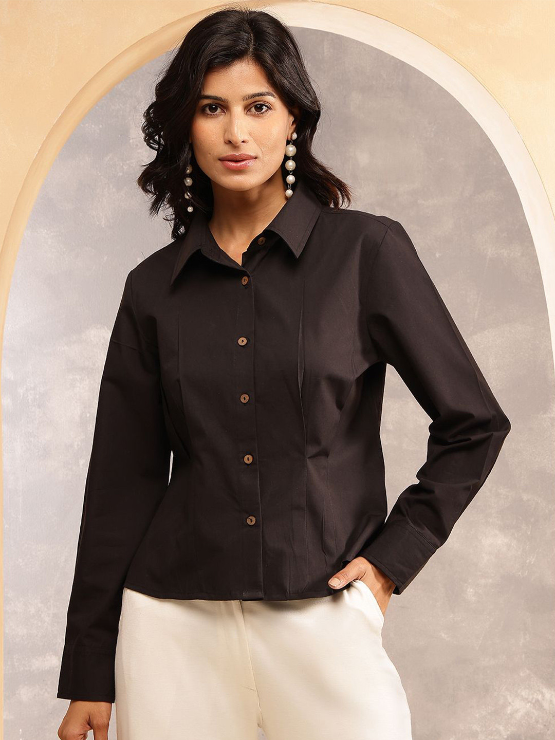ARAVALII Women Solid Shirt Collar Cotton Shirt Style Top