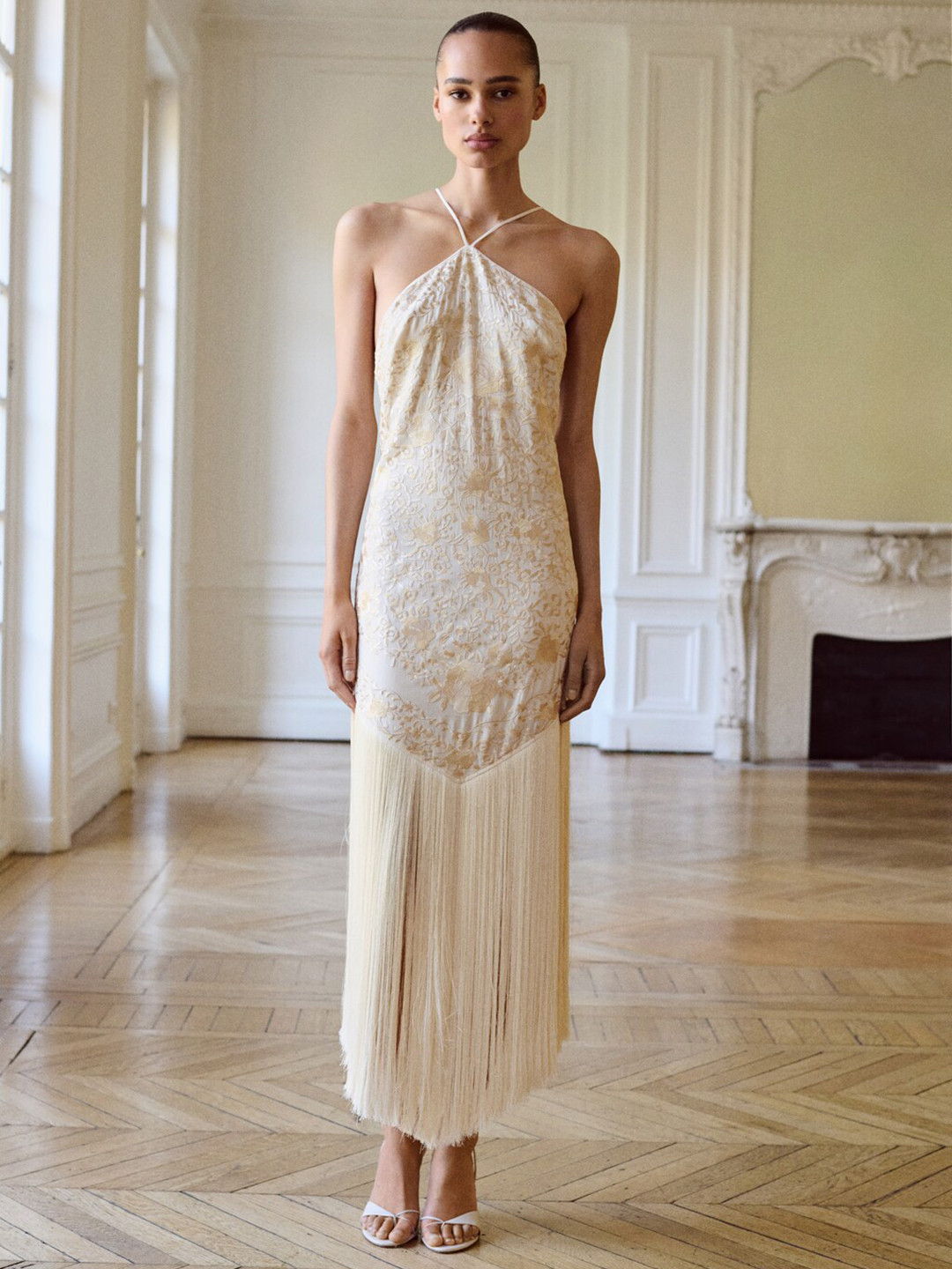 MANGO SELECTION Capsule Collection Floral Embroidered Halter Neck Fringe Detail Midi Dress