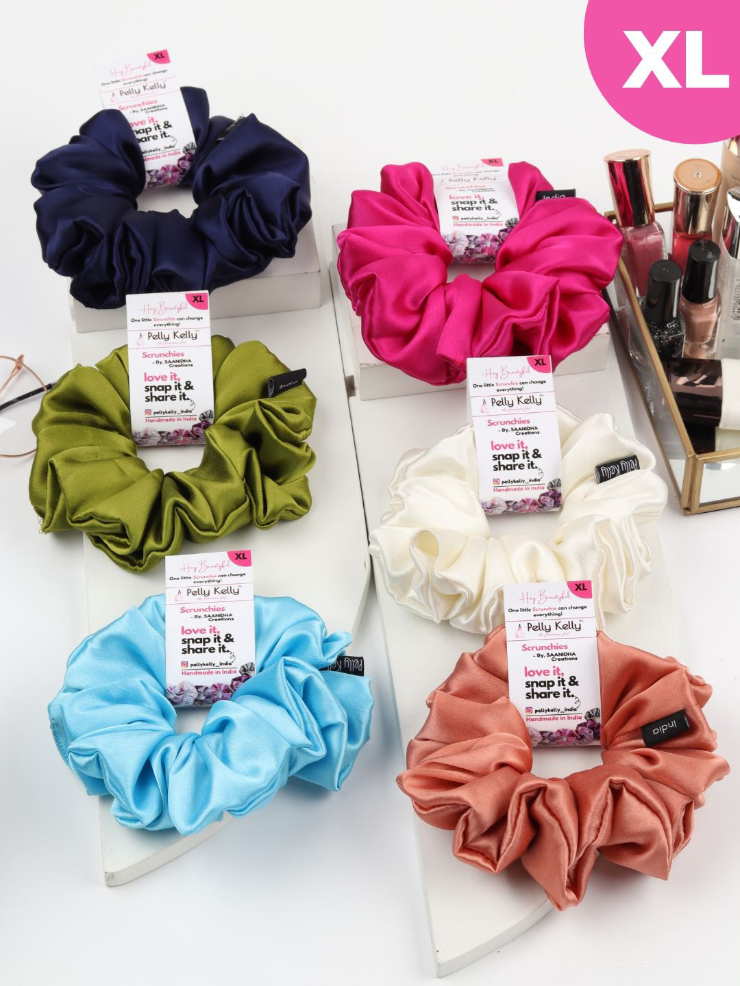 Pelly Kelly Women Set of 6 Satin Scrunchies Hair Accessory