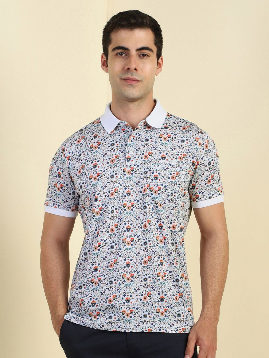 Allen Solly White Floral Printed Polo Collar Short Sleeves Pockets T-Shirt