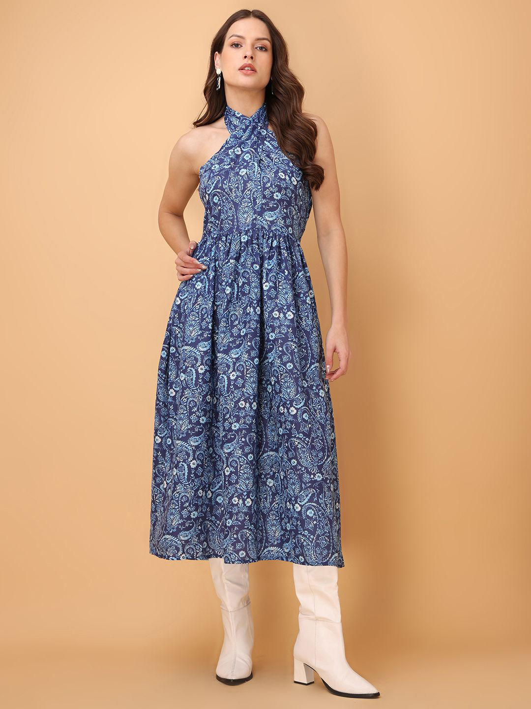 OBSHIVKA Women Paisley Print Smoked Halter Neck Fit & Flare Maxi Dress