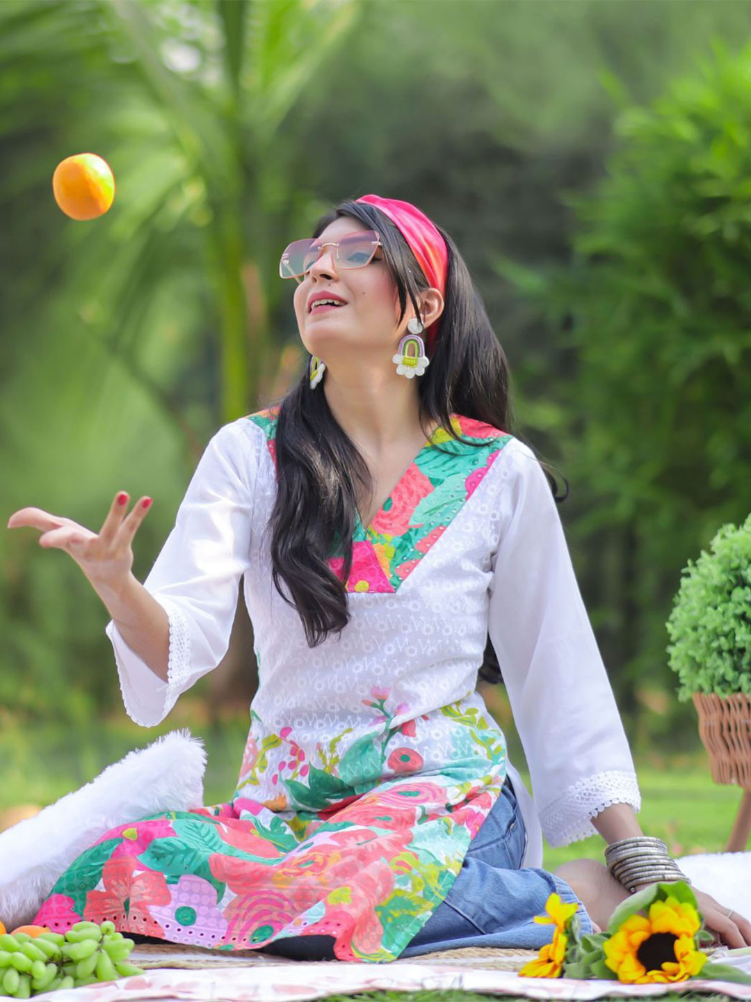 KALINI Women Pure Cotton Summer Sheers Embroidery and Digital Print Straight Kurta