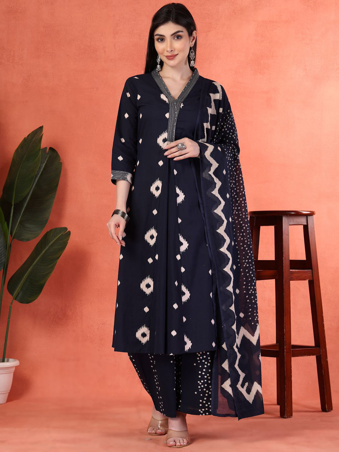 Shangri LA MS Designs Ikat Printed V-Neck Cotton A-Line Kurta With Palazzo & Dupatta