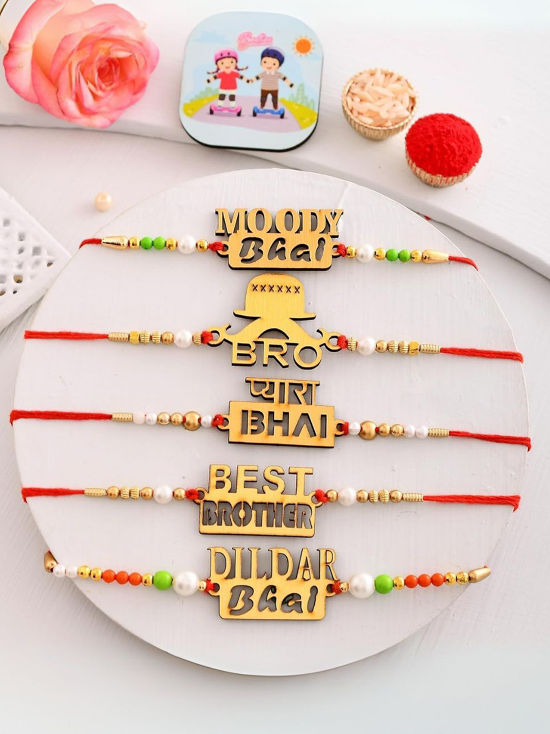 CraftVatika Set of 5 Thread Rakhi with Magnet Gift & Dildar Bhaj