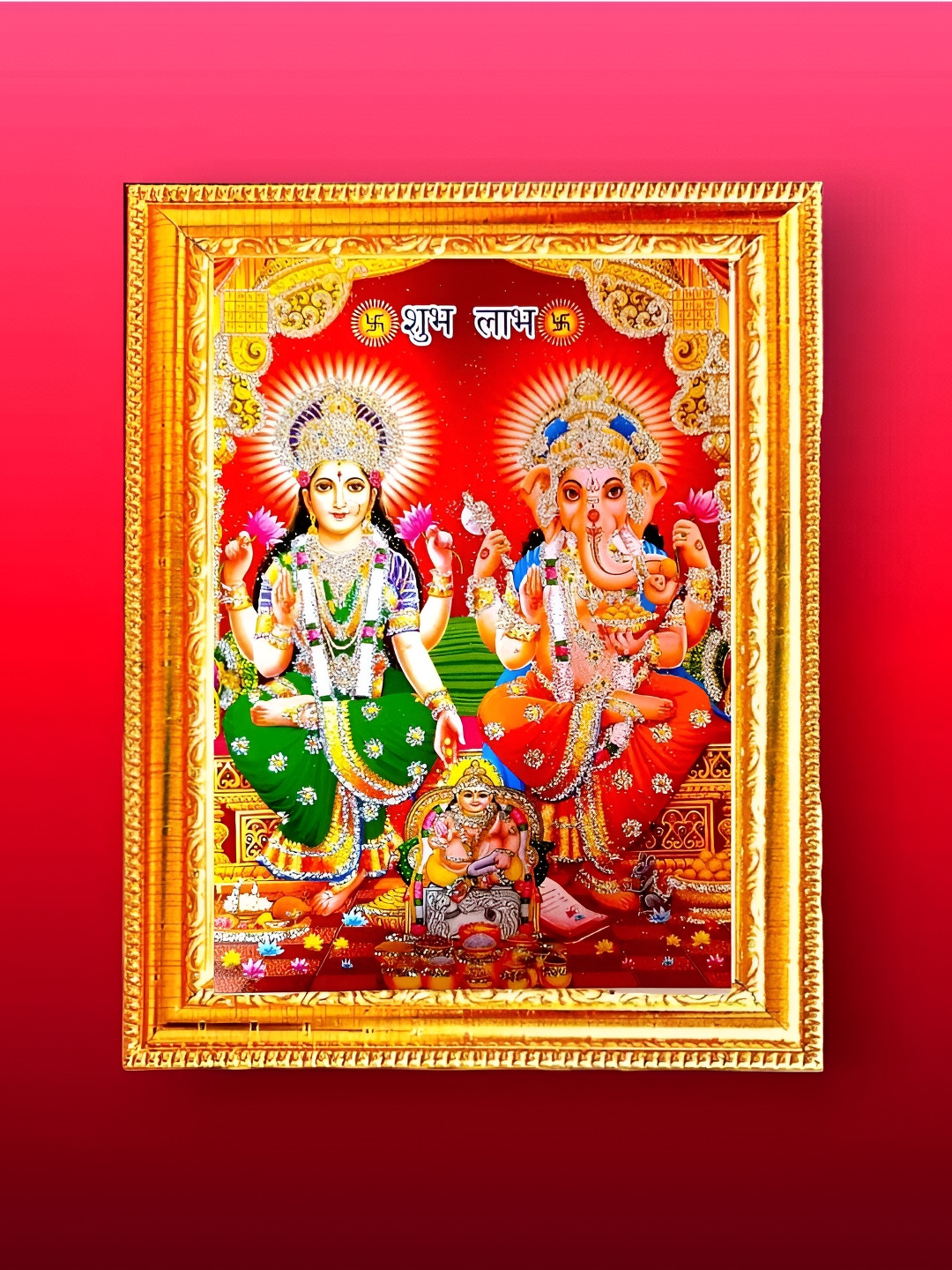 SUNINOW Gold-Toned & Red Laxmi Ganesh Kuber Wooden Wall Photo Frames