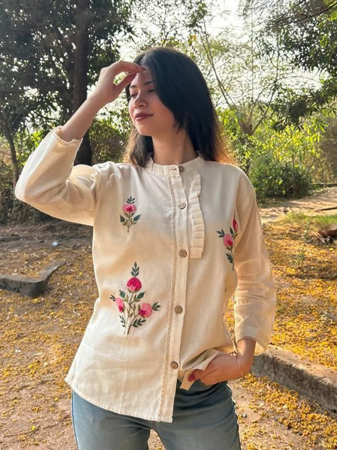 CORSICA Women Hand Embroidered Printed Shirt Collar Top